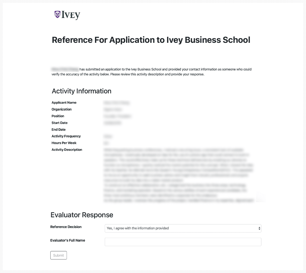 WESTERN IVEY HBA AEO REFERENCE FOR APPLICATION TO IVEY BUSINESS SCHOOL
